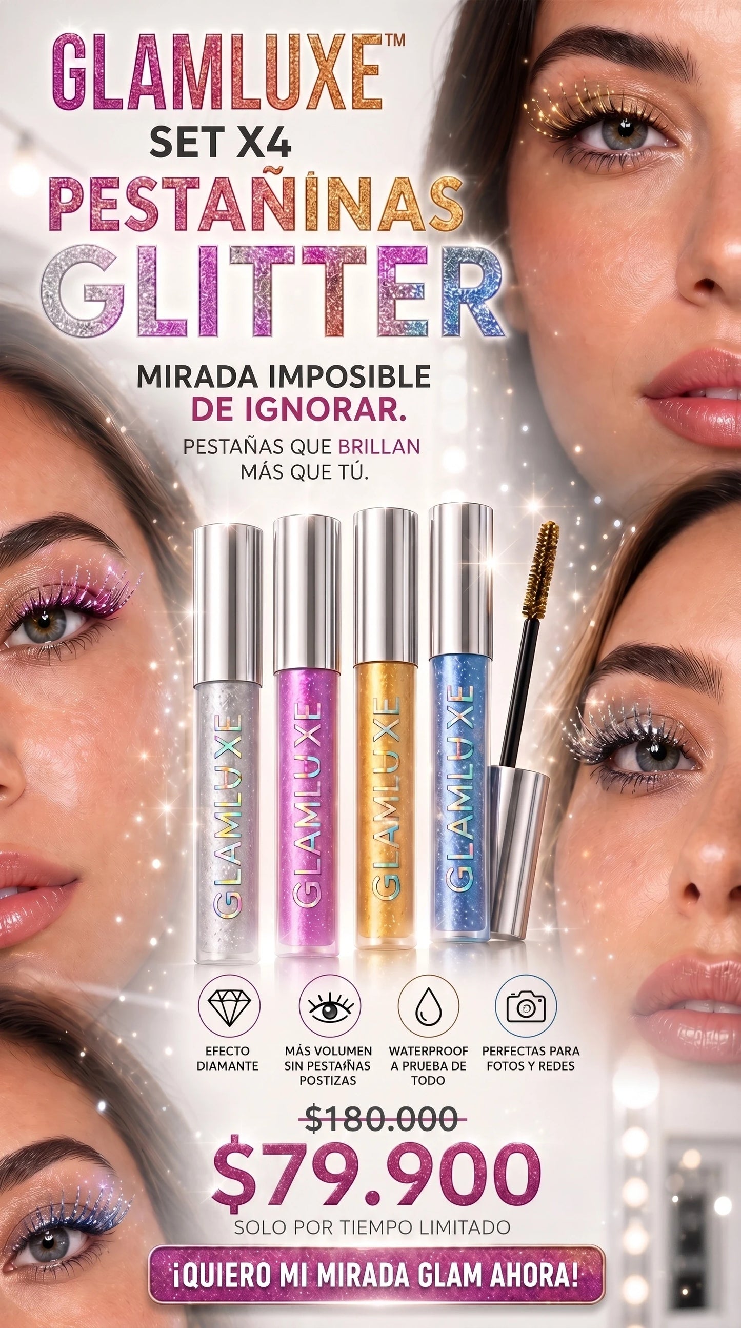 GLAMLUXE SET X 4 PESTAÑINA GLITTER DE COLORES