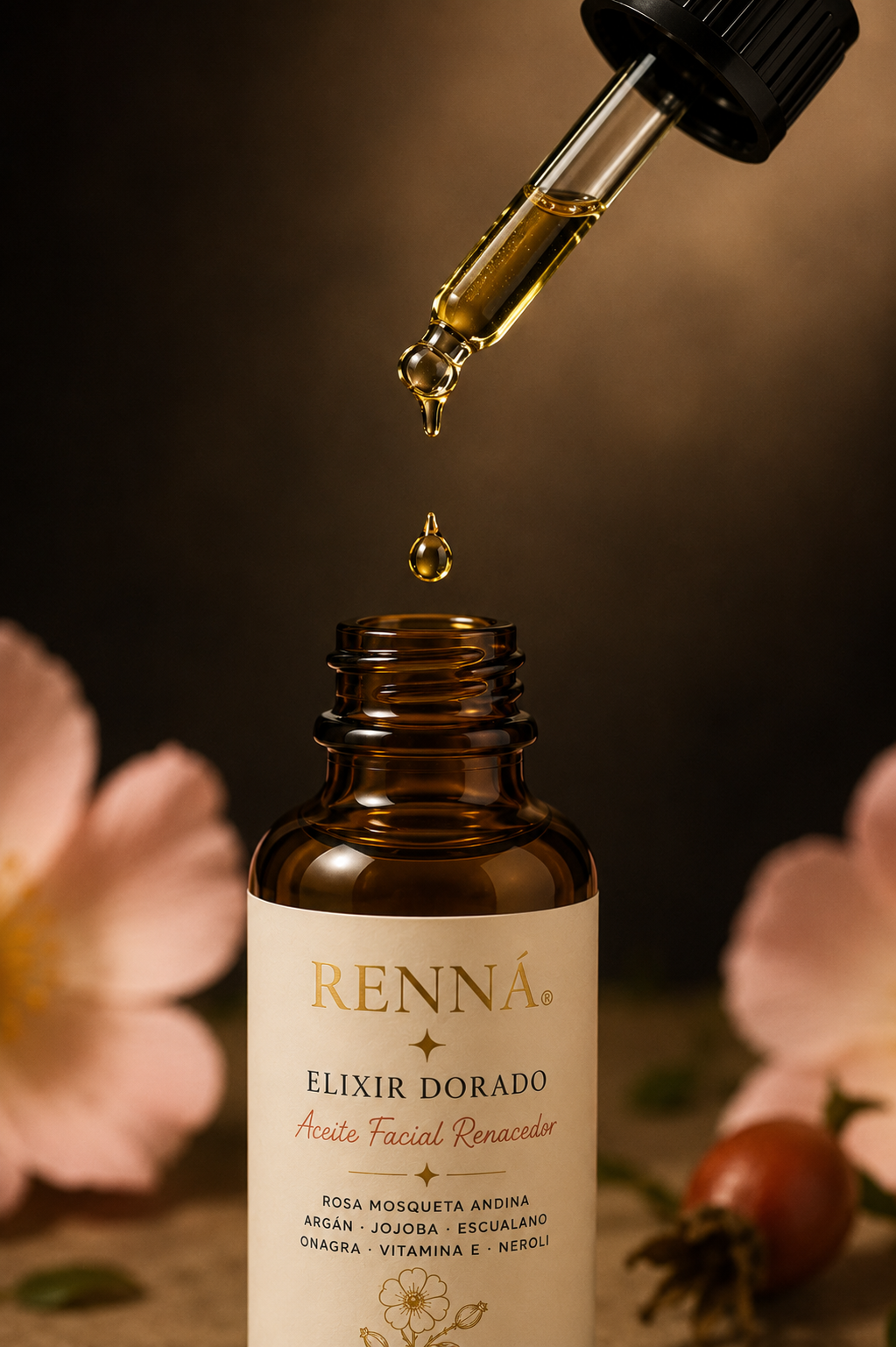 Gota dorada de aceite facial rosa mosqueta Andes colombianos