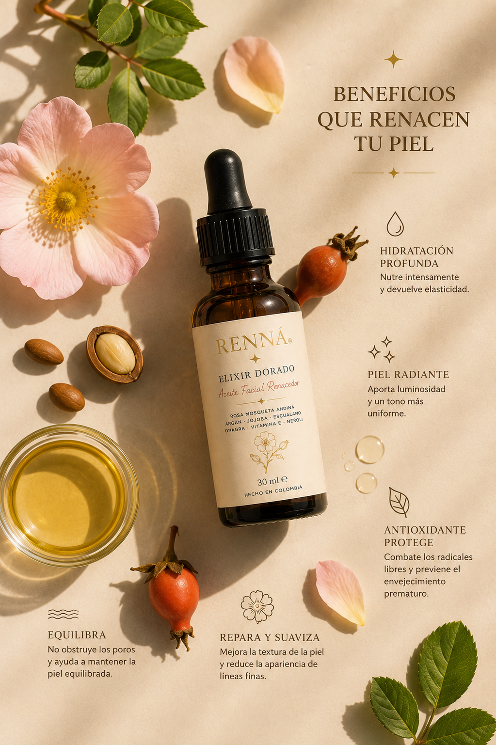 RENNÁ Elixir Dorado composición flatlay flores