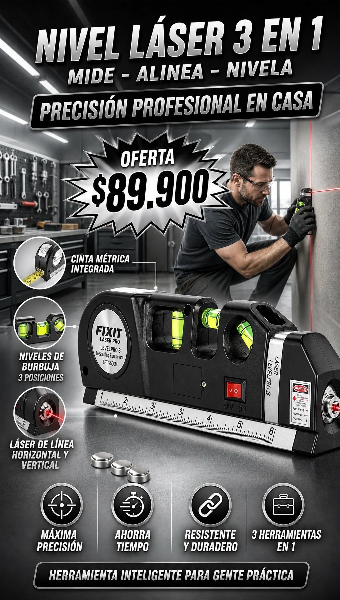 FIXIT LASER PRO, herramienta multifuncional 4 en 1 que combina un nivel de burbuja y una cinta métrica de 250 cm