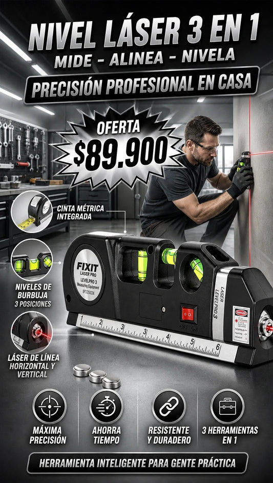 FIXIT LASER PRO, herramienta multifuncional 4 en 1 que combina un nivel de burbuja y una cinta métrica de 250 cm